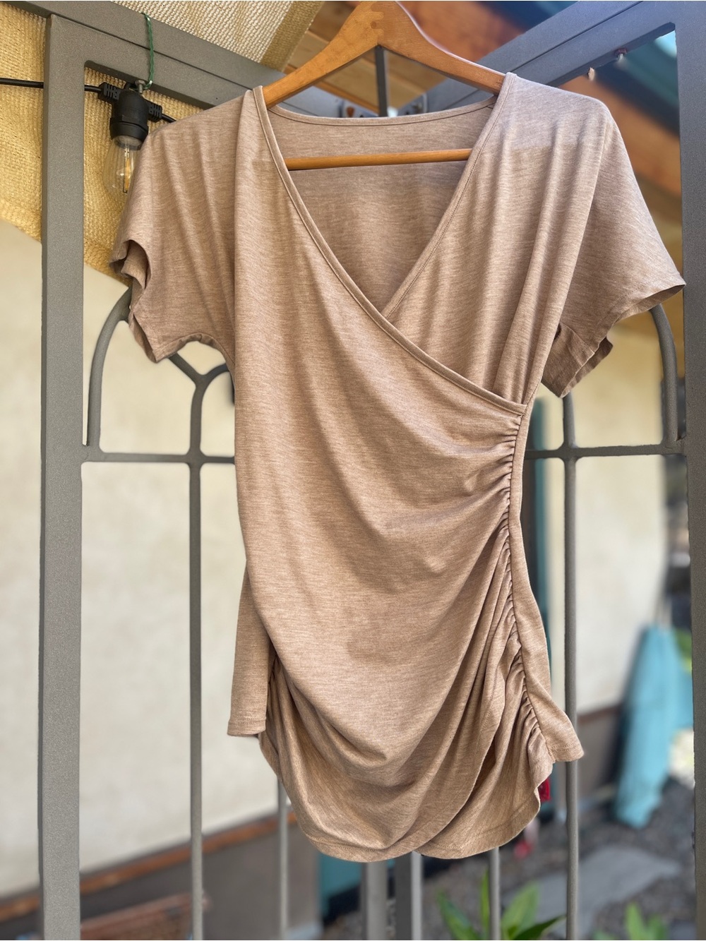 HALARA Women’s Wrap-Style Ruched Short-Sleeve Top - Taupe